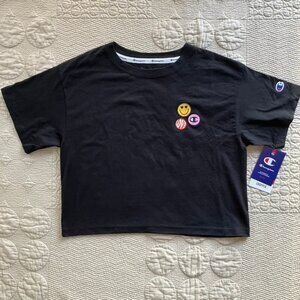 New Women's Champion "The Cropped Tee" XS, black, smiley face, love cotton/poly